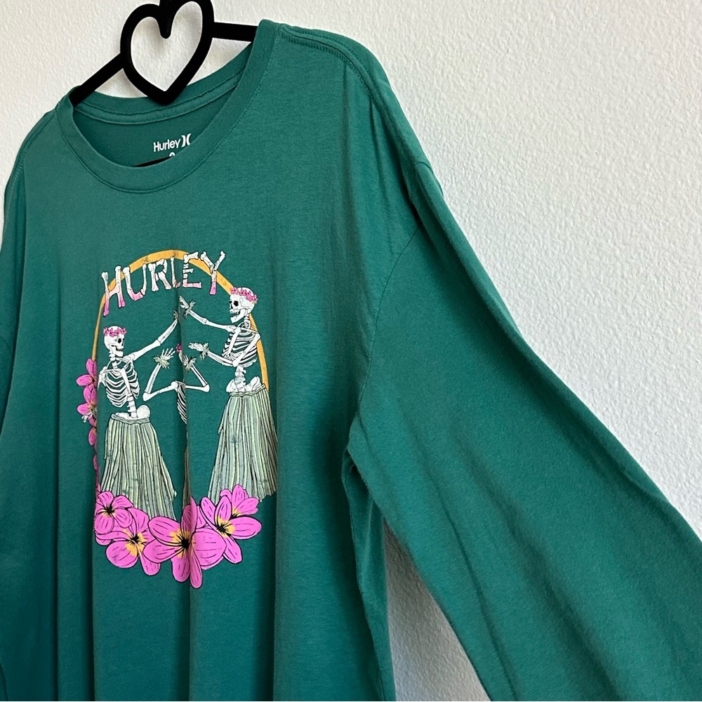 Hurley Green Hula Skeleton Graphic Long Sleeve Relaxed Fit Tee Size S - Picture 5 of 10